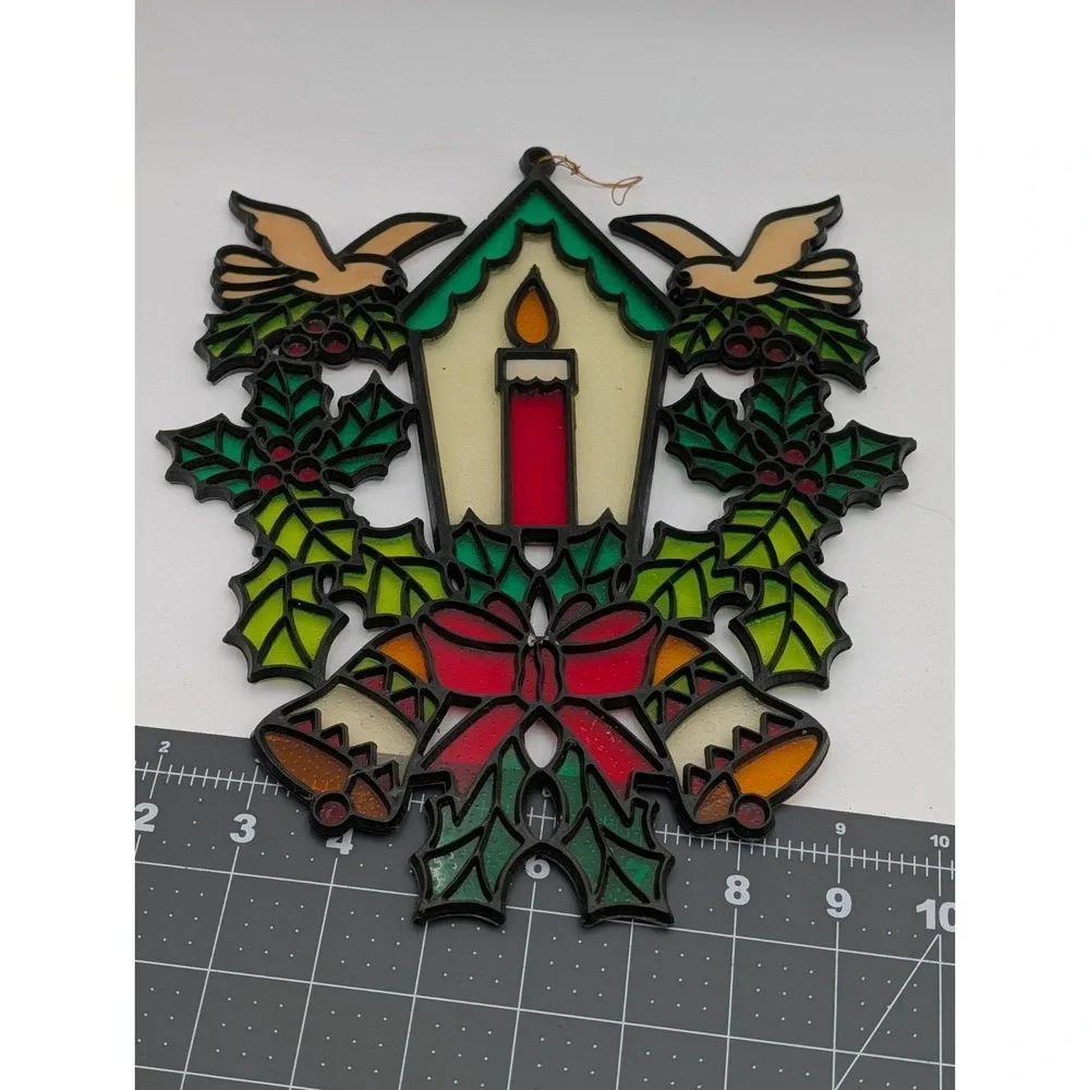 Plastic‎ Christmas Stained Window Hanging 11 Inch Candle Doves Bells Holly